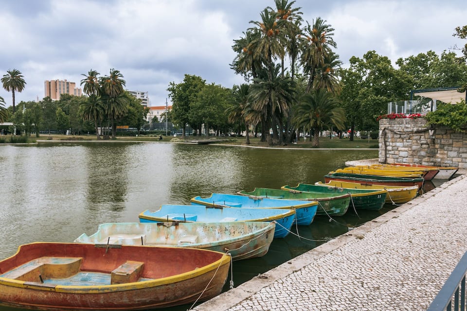 A row of colorful boats docked by a calm river, surrounded by lush greenery and palm trees.
