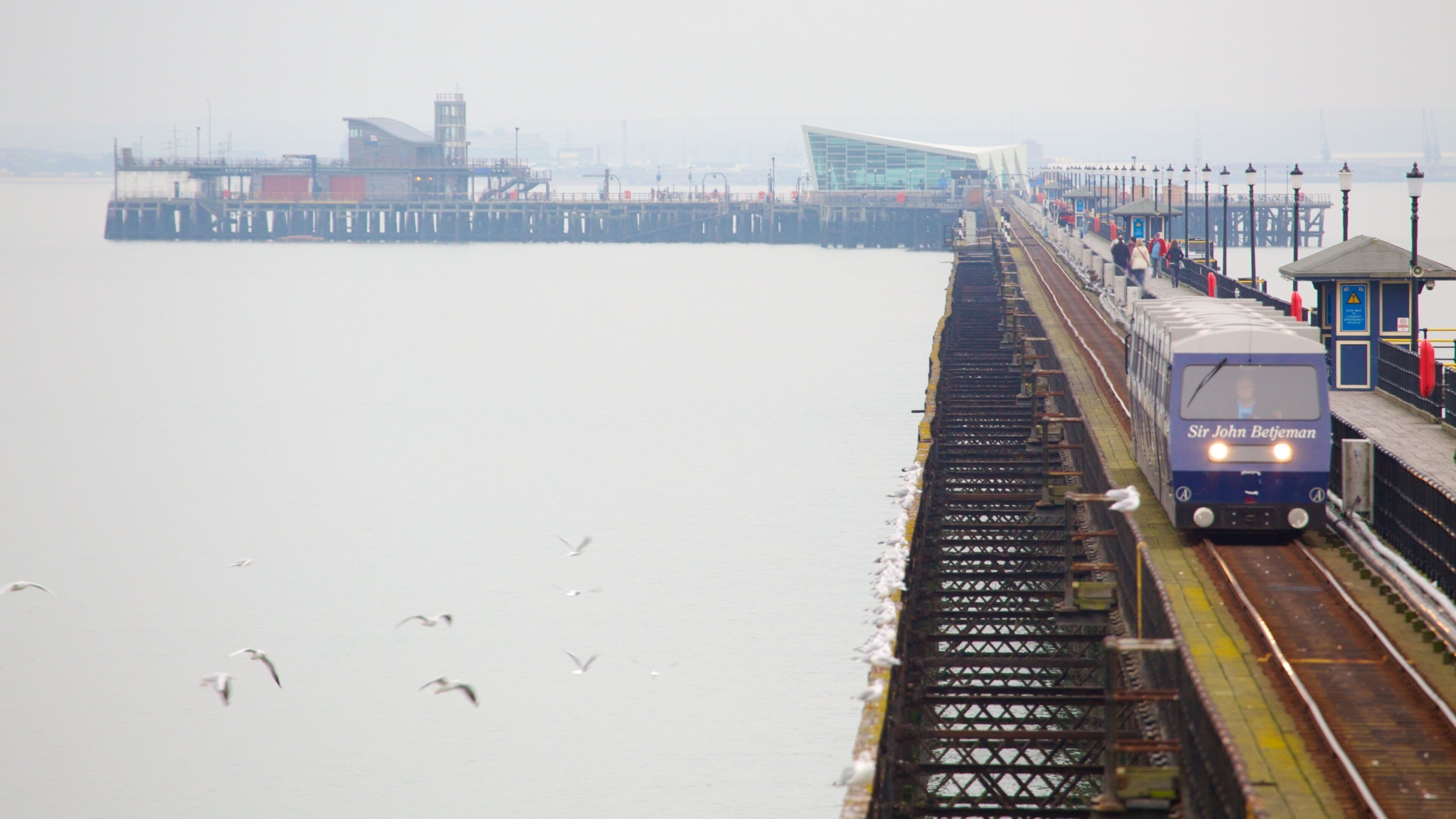 Southend-on-Sea featuring railway items, general coastal views and mist or fog