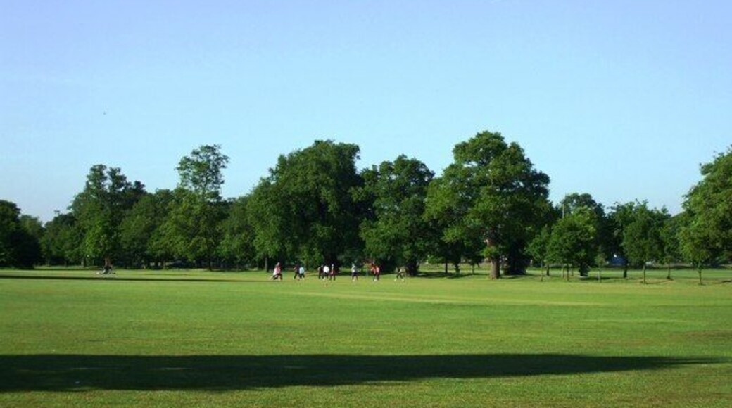 Open-air exercise class, Tooting Bec Common A group of about 15/20 women in an open-air class, standing in a circle playing 'tag', next to Doctor Johnson Avenue.
