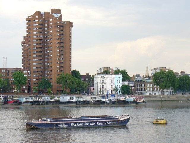 World's End No, not Ardnamurchan Point but a housing estate in Chelsea, named after a local pub. Seen from the south bank of the tidal Thames by Battersea Bridge. http://en.wikipedia.org/wiki/World%27s_End,_Chelsea