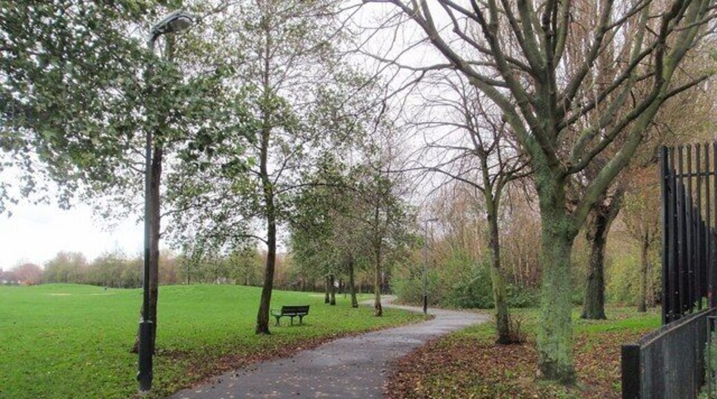 Wandle Trail in King George's Park (2). This path, seen just over 100 metres northeast of the scene in 1604096, is also called Foster's Way. The palisade metal fence on the right encloses Westfield House, a DTI archiving depot.