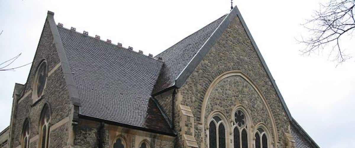 East end of St Augustine's parish church, Baring Road, Grove Park London SE12, seen from the southeast. There was an apsidalchancel, but it suffered subsidence and was demolished in 1993. This view shows the new east end wall that was inserted in the chancel arch in 2007.