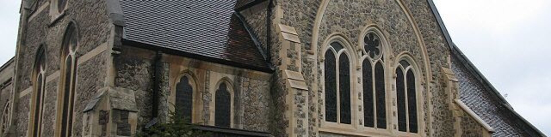 East end of St Augustine's parish church, Baring Road, Grove Park London SE12, seen from the southeast. There was an apsidalchancel, but it suffered subsidence and was demolished in 1993. This view shows the new east end wall that was inserted in the chancel arch in 2007.