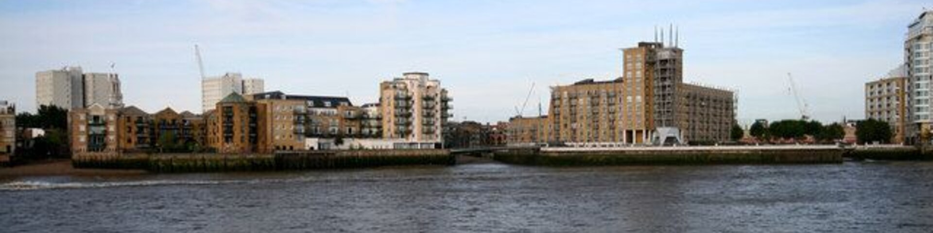 Limehouse View from Rotherhithe looking across Limehouse Reach to Dunbar Wharf (left) and Dundee Wharf (right).
