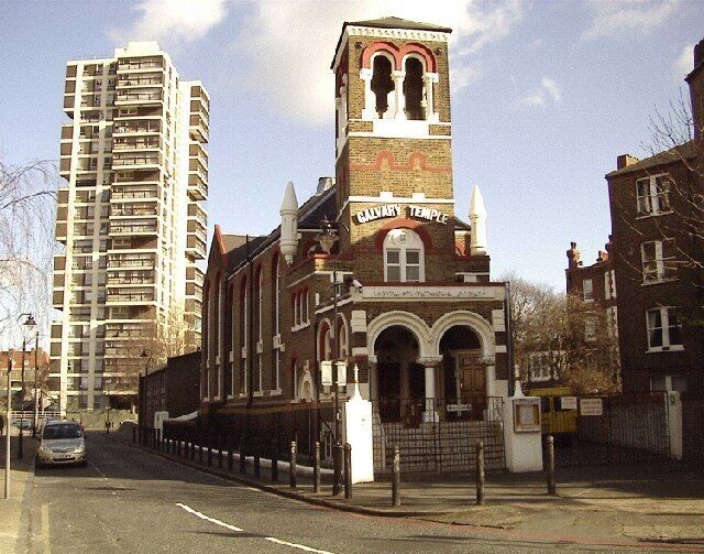 Calvary Temple and Laird House, Camberwell. Calvary Temple is on Councillor Street, Camberwell. Behind is Laird House, one of 5 tower blocks on the Wyndham Estate.