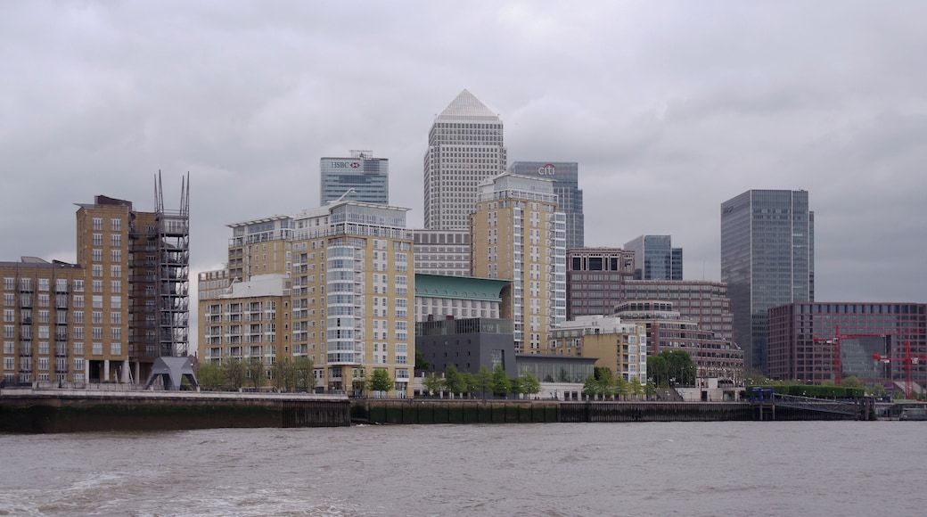 The towers of Canary Wharf seen from a westbound Thames clipper.