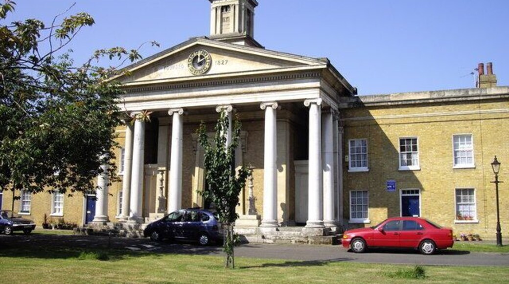 Main entrance to the disused chapel on the Caroline Gardens Estate This was originally built as the Licensed Victuallers Asylum in 1827.