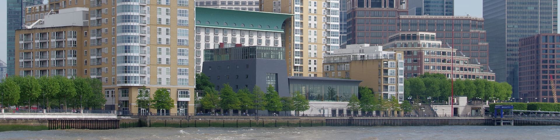 The towers of Canary Wharf, seen from the Thames.