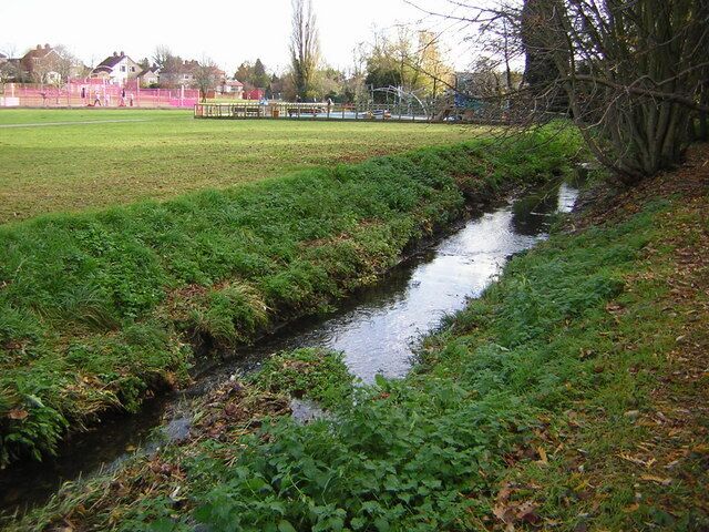 The River Shuttle in Willersley Park, Blackfen Looking downstream, the Shuttle Riverway follows the river along the far bank through the park.