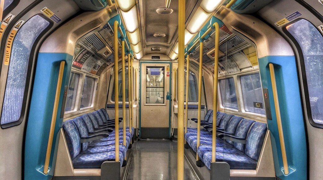 Inside a tube train. A very rare site to see one of them empty
