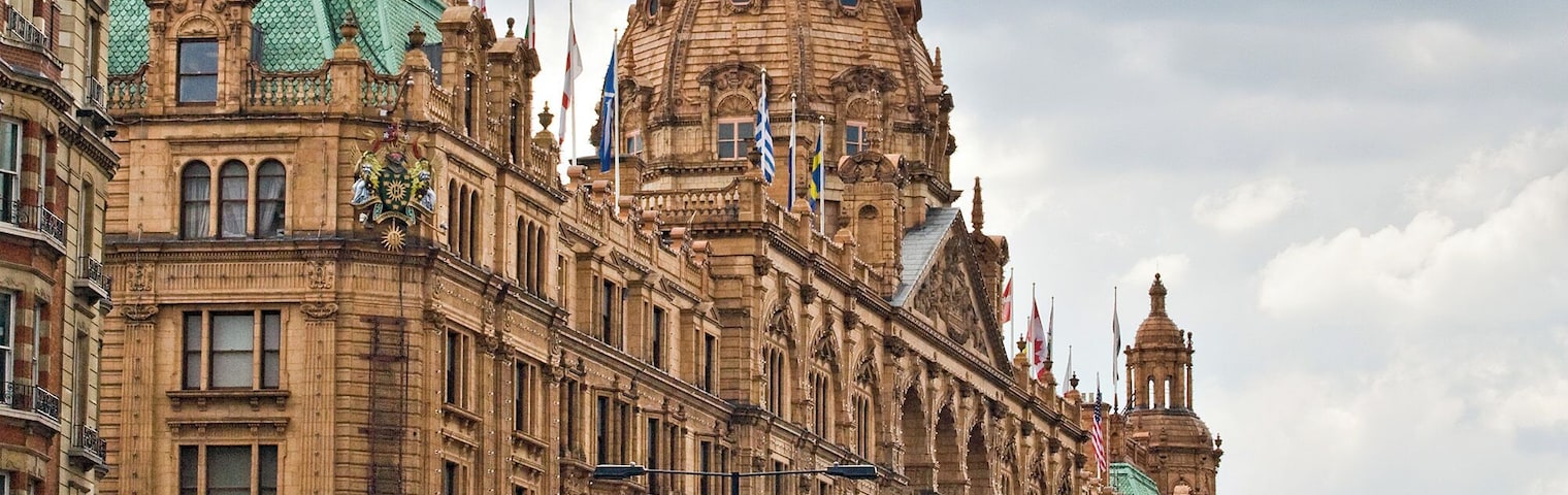 Harrods Department Store as viewed from the north-east along Brompton Road, in London, England.