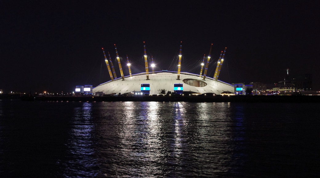 The Millennium Dome at night, seen from across the Thames.