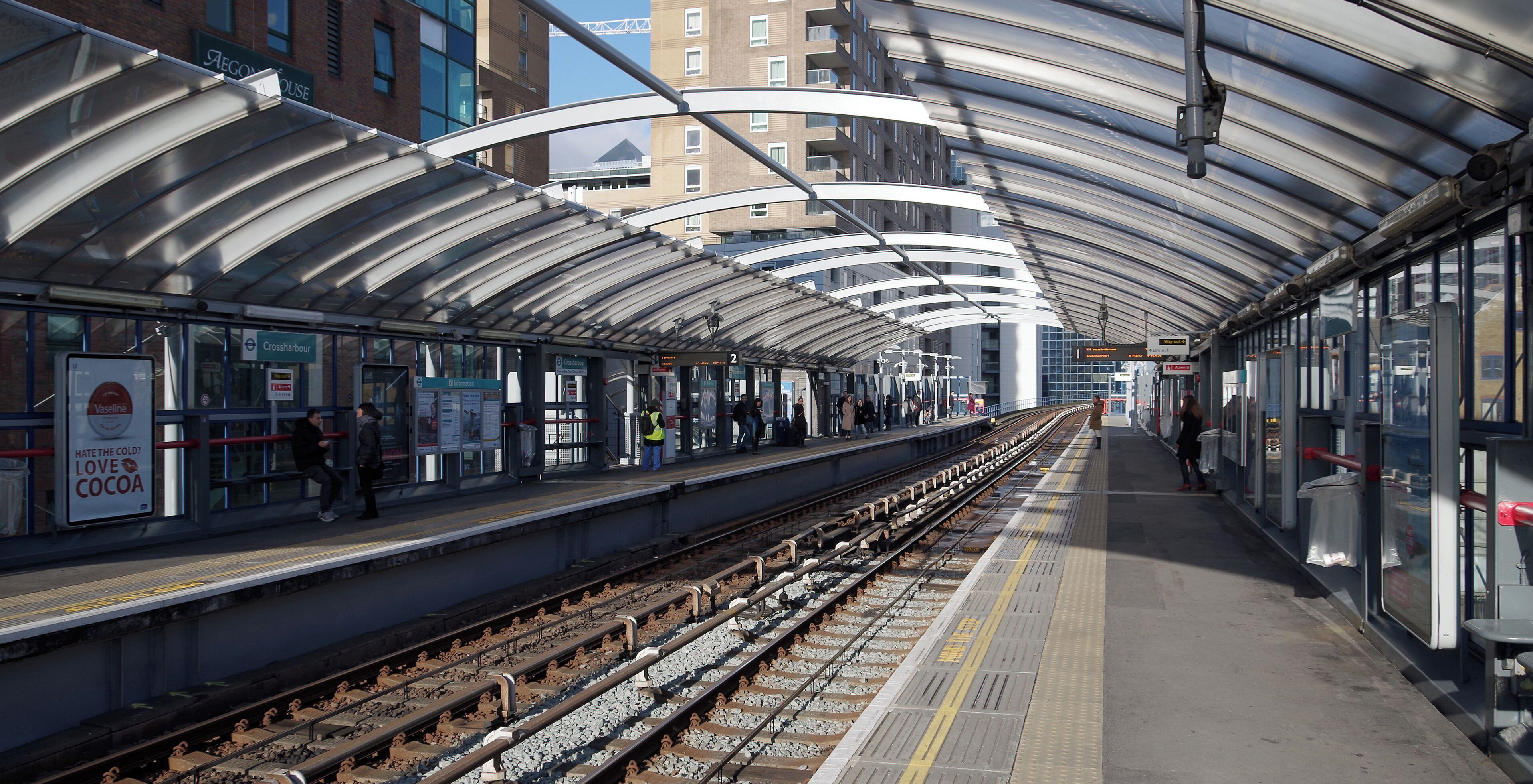 Looking north along the platforms at Crossharbour DLR station.