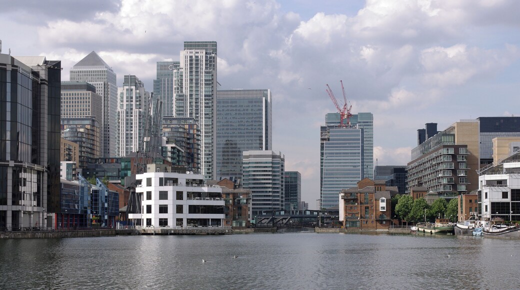 Looking towards Canary Wharf from the south end of Millwall Dock.
