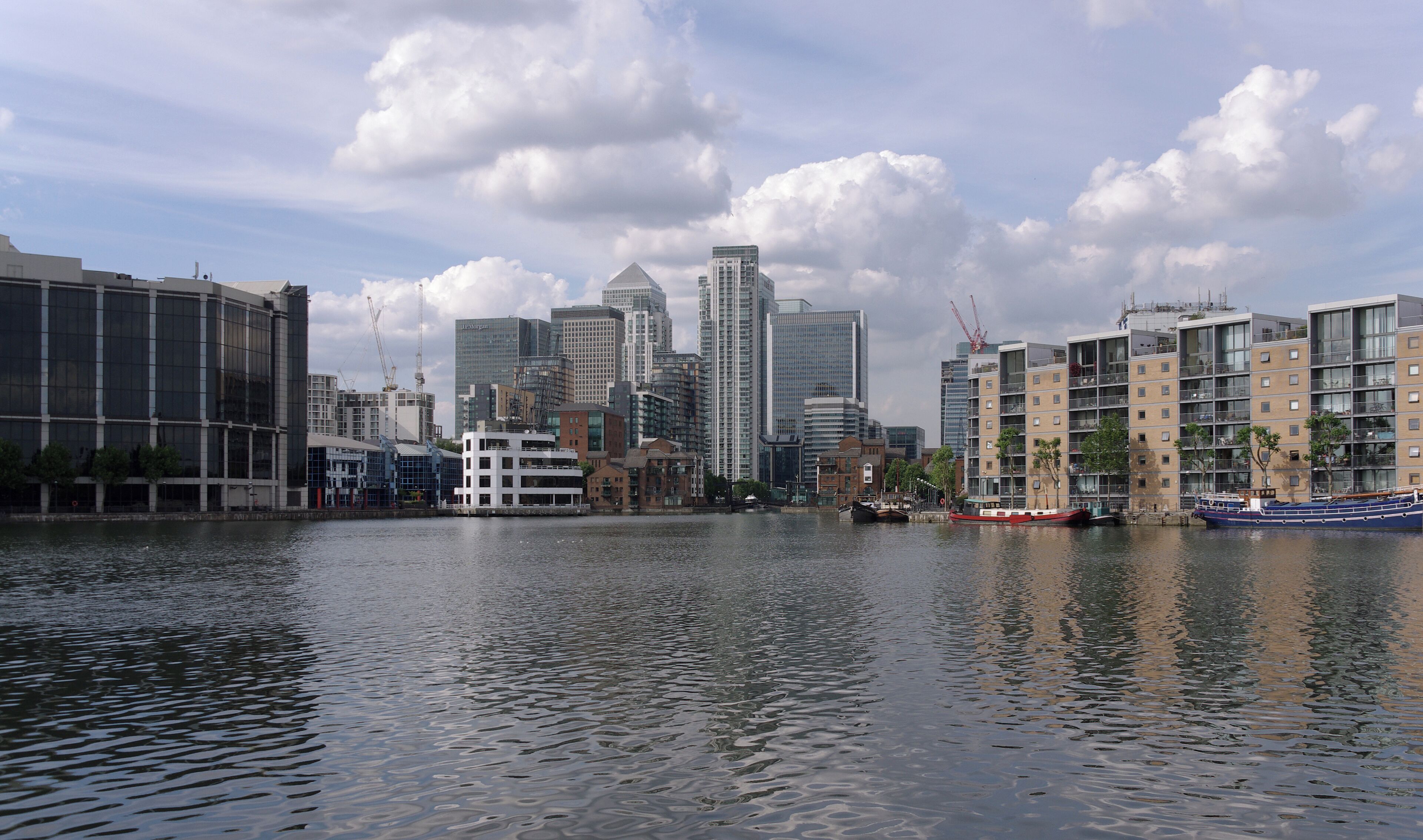 Looking towards Canary Wharf from the south end of Millwall Dock.