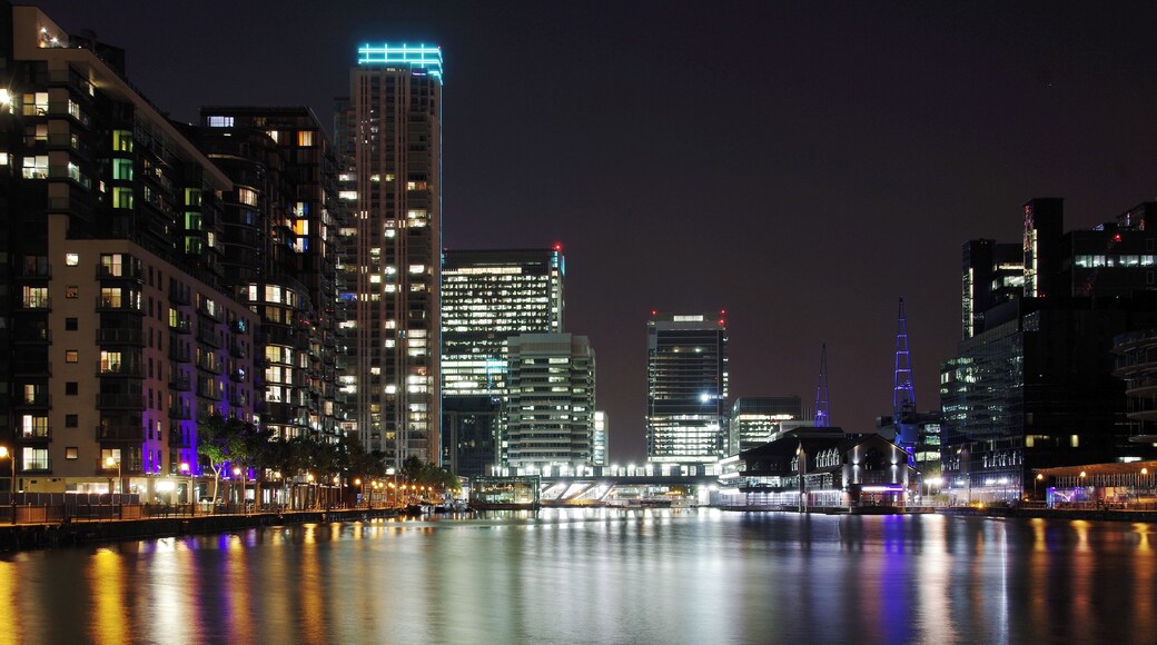 Looking north over Millwall Dock at night, towards South Quay.