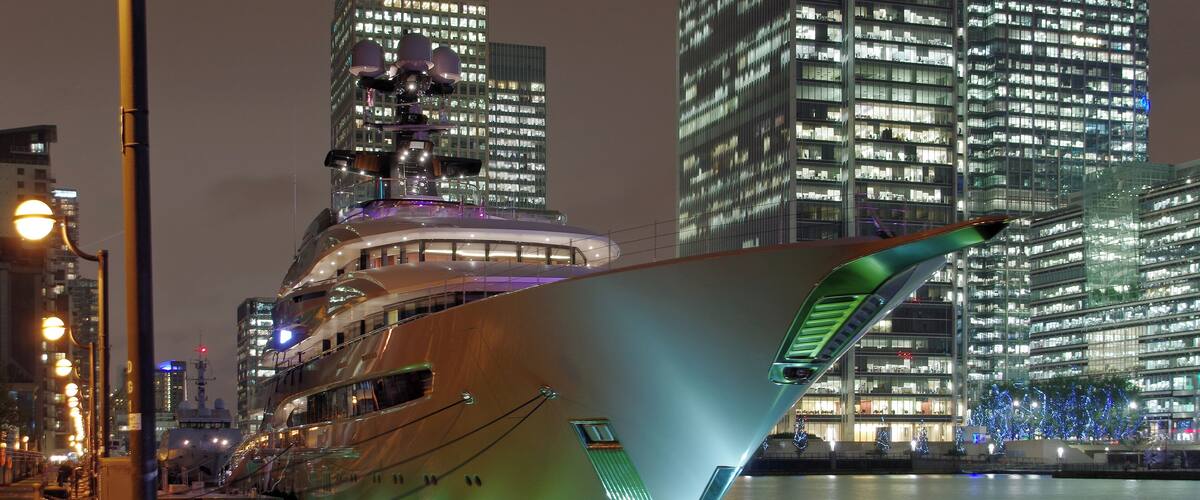 The pleasure cruiser "Kismet" moored on the City Canal in Canary Wharf. She is the most beautiful boat I have ever seen.