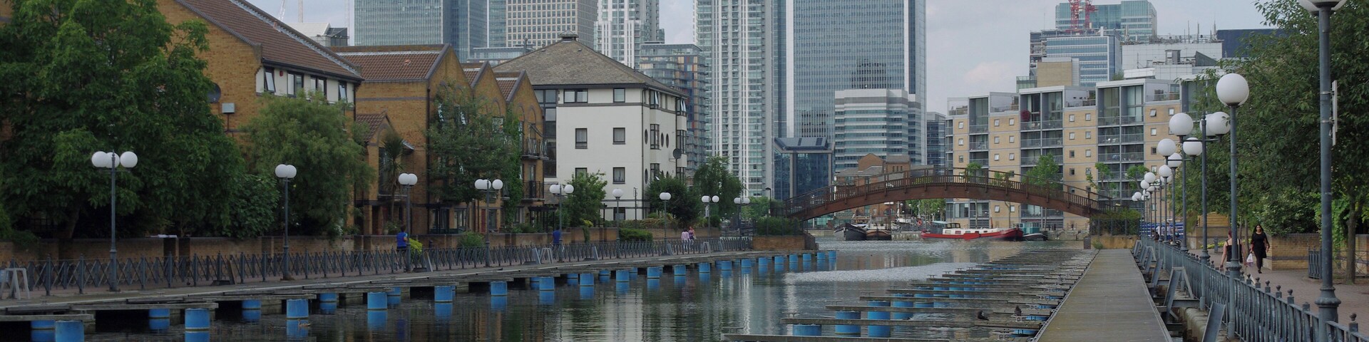 Looking towards Canary Wharf from the south end of Millwall Dock.