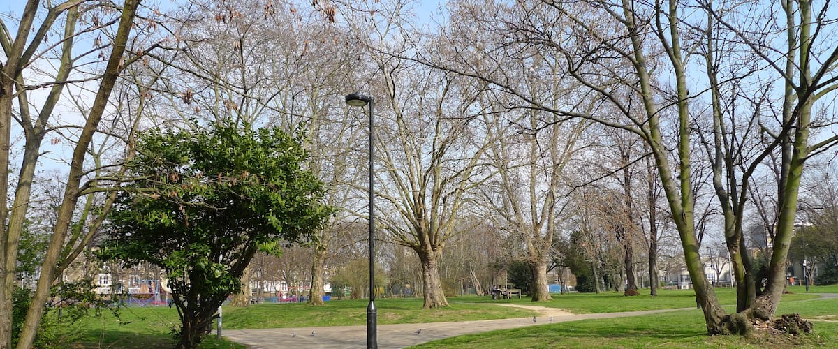 A strip of small grassy areas stretching up Brixton Road towards Kennington, named (for no obvious reason) for a renowned jazz dummer. Photo taken March 2009. Owner: London Borough of Lambeth.
