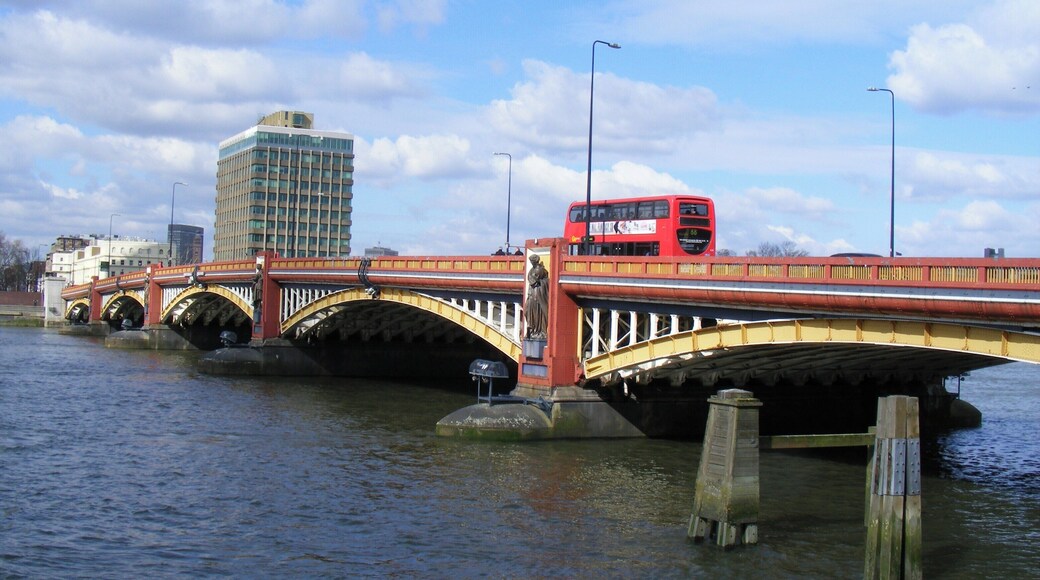 Vauxhall Bridge London Picture take from the Thames path on the south of the river. the bridge is a Grade 2 listed building, (listed in 2008, it was opened in 1906 having replaced an earlier one. The bridge carries the A202 across the river.