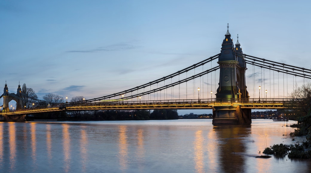 Hammersmith Bridge in London, England, UK, as viewed from the north-eastern side in Hammersmith.