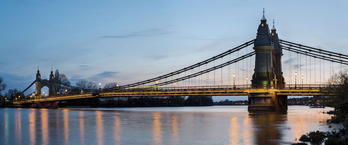 Hammersmith Bridge in London, England, UK, as viewed from the north-eastern side in Hammersmith.