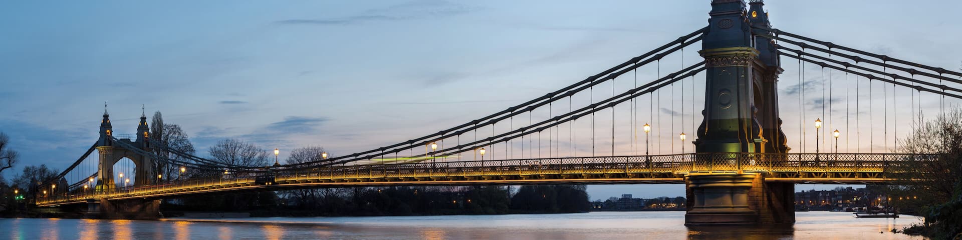 Hammersmith Bridge in London, England, UK, as viewed from the north-eastern side in Hammersmith.