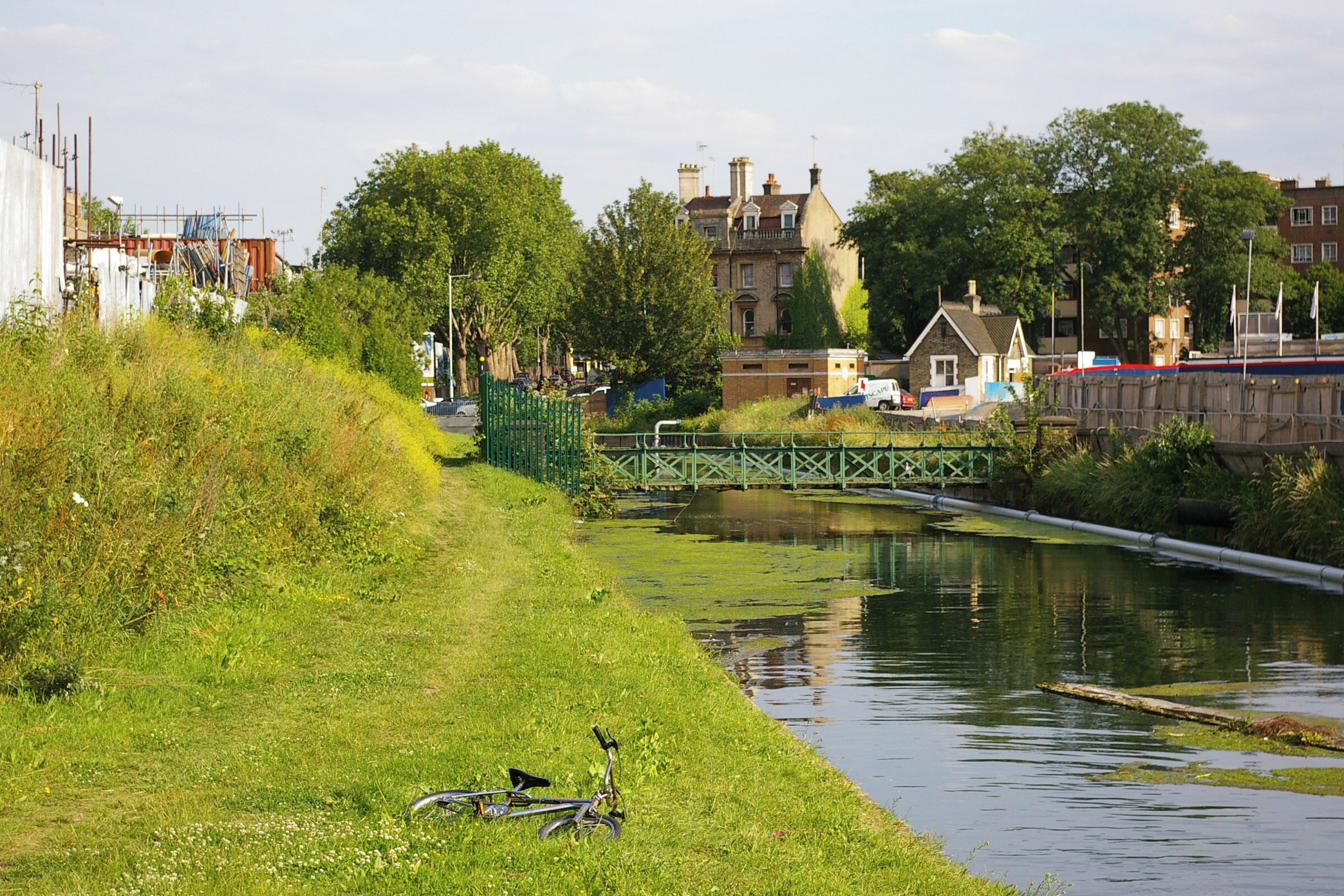 New River path, Hornsey The tall building in the background is Bank Chambers, a former bank converted to residential use.