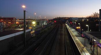 Hornsey railway station, looking south at dusk.