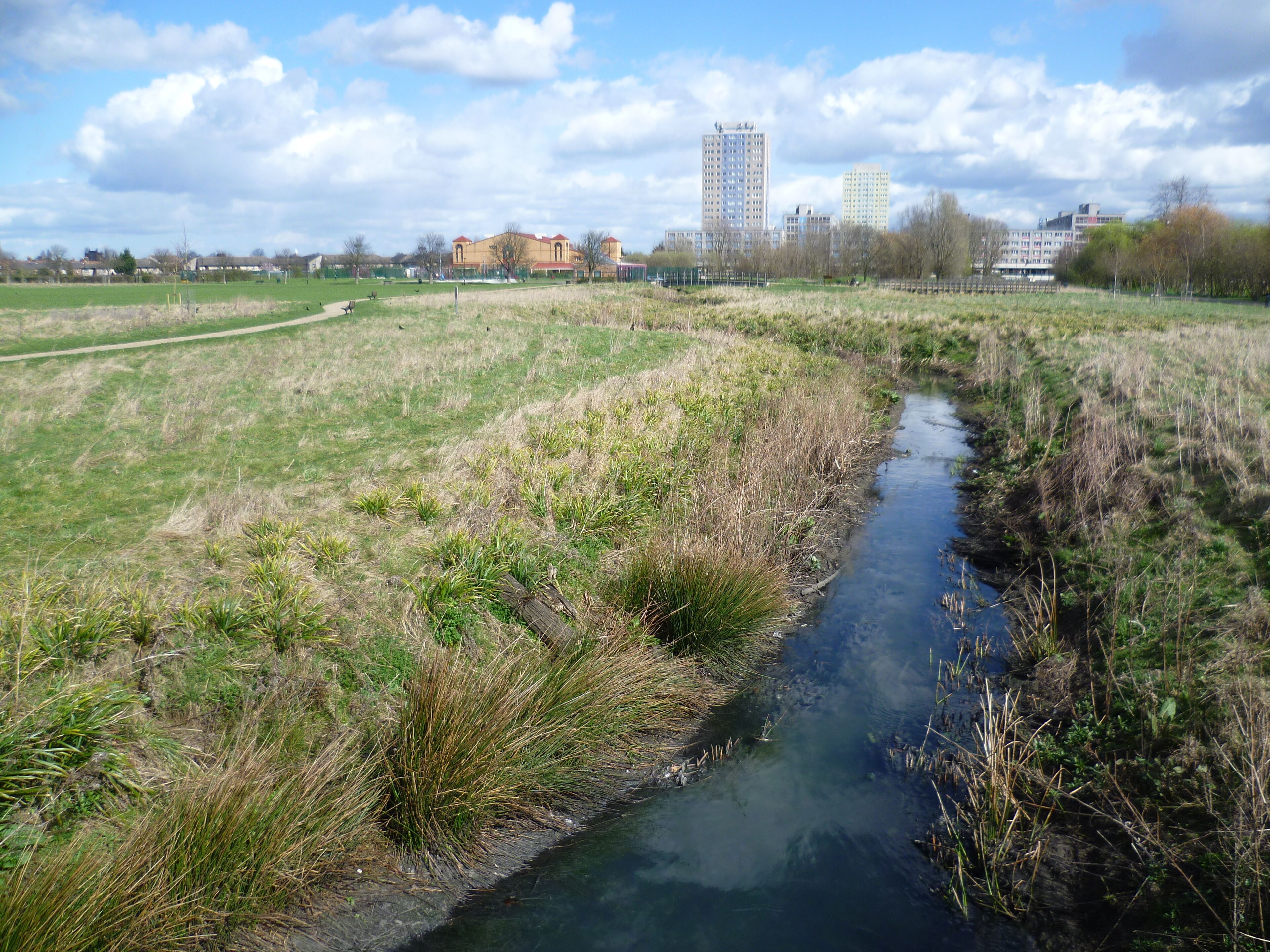The River Moselle in Tottenham, London. At the Lordship Recreation Ground looking towards the Broadwater Farm Estate