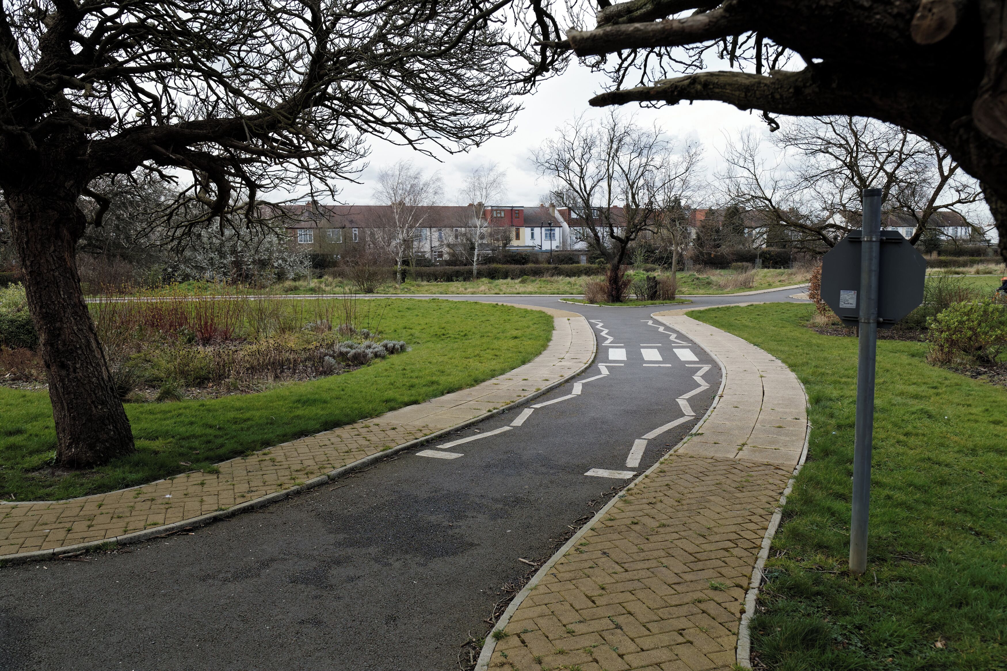 The 'Model Traffic Area', a scaled-down road network for children opened in 1938 at Lordship Recreation Ground, Tottenham, London Borough of Haringey, England. British Pathé film of the Model Traffic Area: [1] Camera: Canon EOS 6D with Canon EF 24-105mm F4L IS USM lens. Software: large RAW file lens-corrected, optimized and downsized with DxO OpticsPro 10 Elite, Viewpoint 2, and Adobe Photoshop CS2.