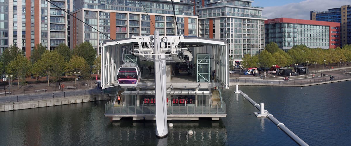 Looking back at Emirates Royal Docks from a gondola on the "airline".