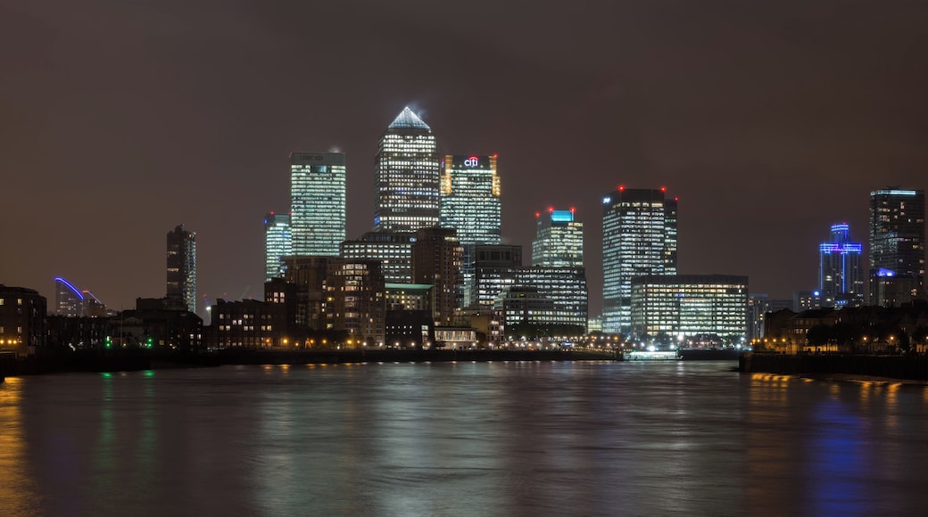 The Canary Wharf skyline as viewed from Wapping in East London, United Kingdom.