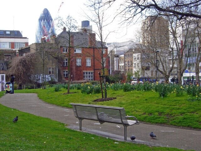 Altab Ali Park, Whitechapel Looking across the park with Whitechapel Road on the right. 'The Gherkin', the City's iconic modern office block, looms over the scene.