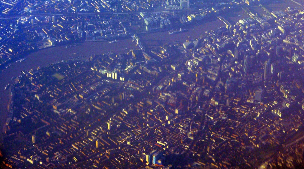 Aerial view of London with the Tower and Tower Bridge