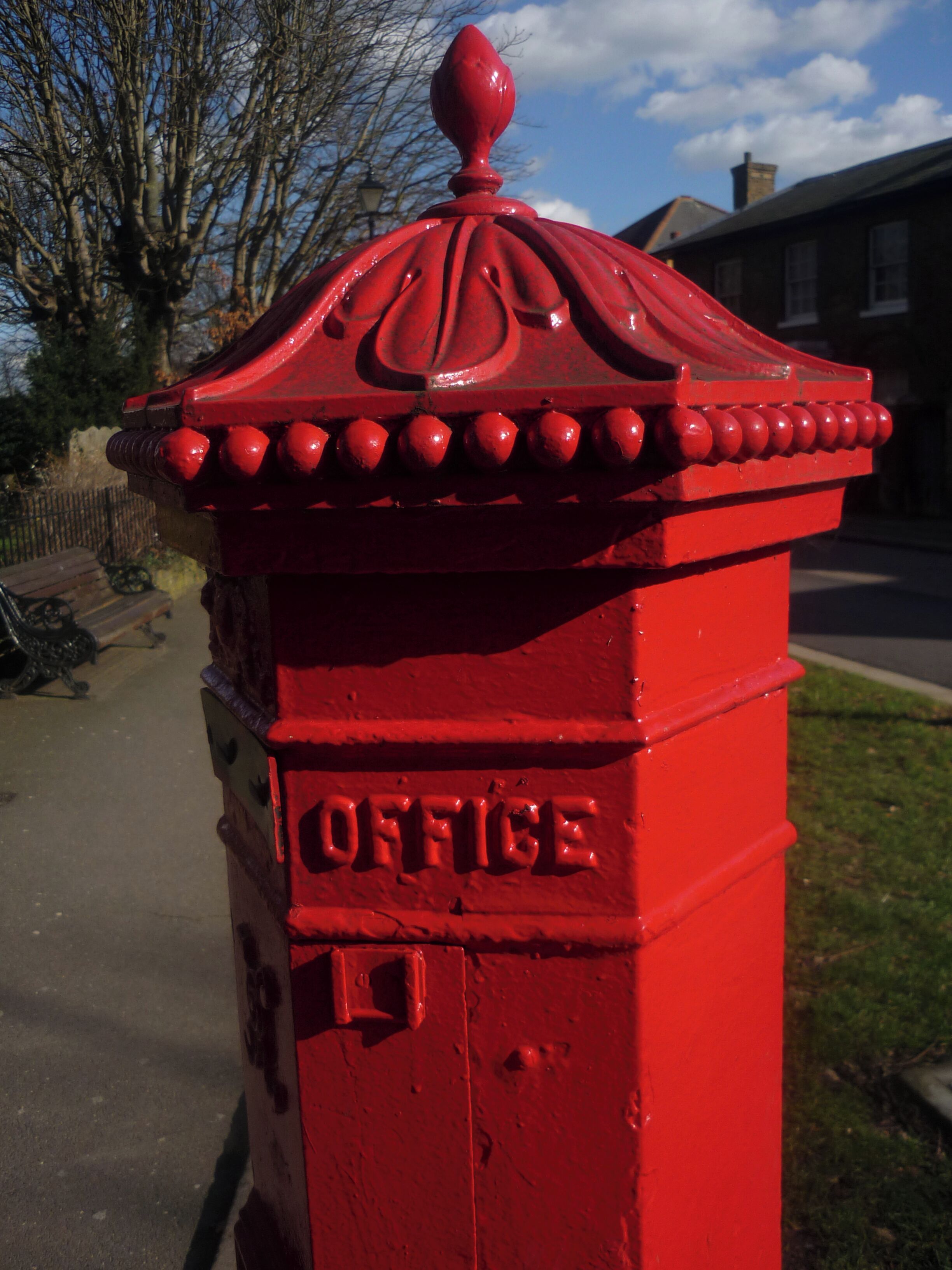 Penfold postbox, Church Lane, Walthamstow, London E17 Detail of upper section of a Penfold postbox, Church Lane, Walthamstow, London E17. For more on John Wornham Penfold and his pillar box visit http://postalheritage.wordpress.com/2009/07/24/john-wornham-penfold-and-his-pillar-box/