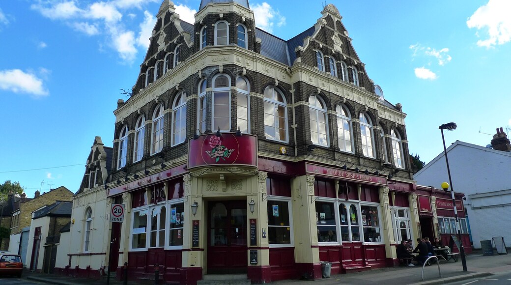 One of the best pubs in the area. A proper boozer, decent beer, large place. Address: 55 Hoe Street (formerly Green Leaf Lane). Former Name(s): The Rose and Crown. Owner: Enterprise Inns (website); Scottish and Newcastle (former); Truman Hanbury Buxton (former). Links: London Pubology