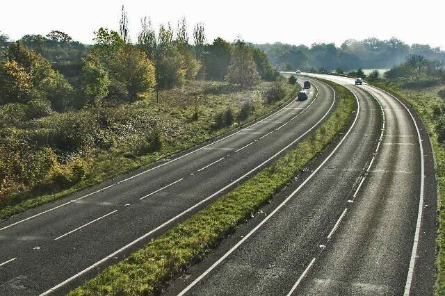Lieutenant Ellis Way, Bury Green. Looking south from the bridge where Barrow Lane passes over Lieutenant Ellis Way (the B198), Bury Green, Hertfordshire, towards Broom Hills.