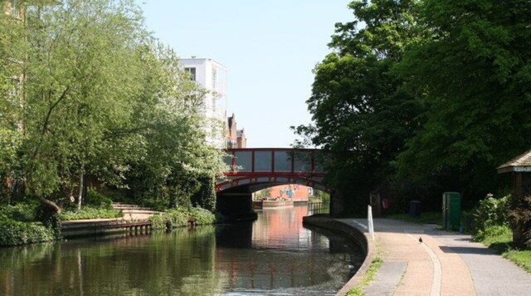 Harrow Road bridge 3, Paddington Arm, Grand Union Canal Looking east. The Paddington Arm crosses Harrow Road by two quite separate bridges: the other one is Bridge 2, just southeast of Little Venice.