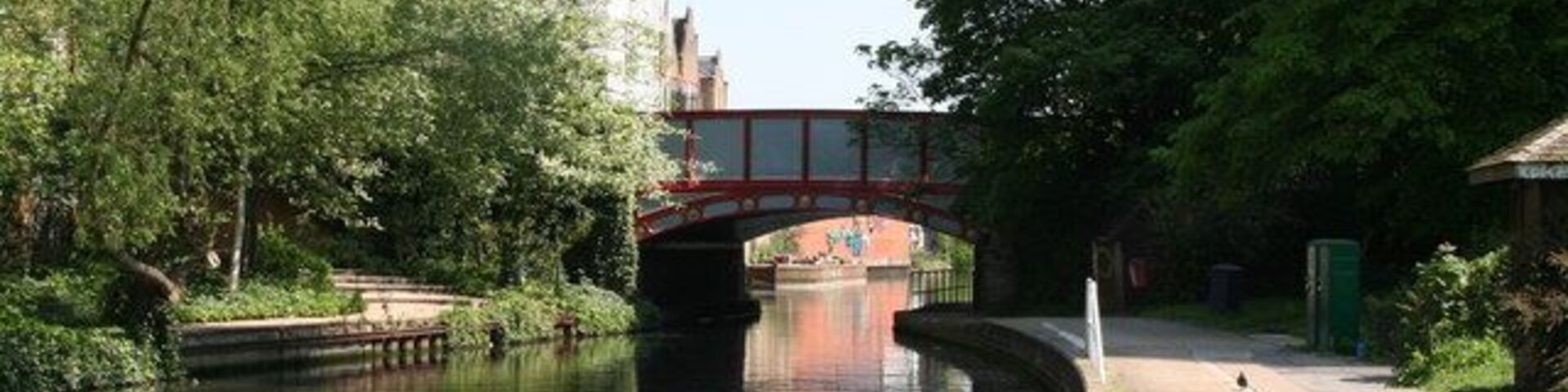 Harrow Road bridge 3, Paddington Arm, Grand Union Canal Looking east. The Paddington Arm crosses Harrow Road by two quite separate bridges: the other one is Bridge 2, just southeast of Little Venice.