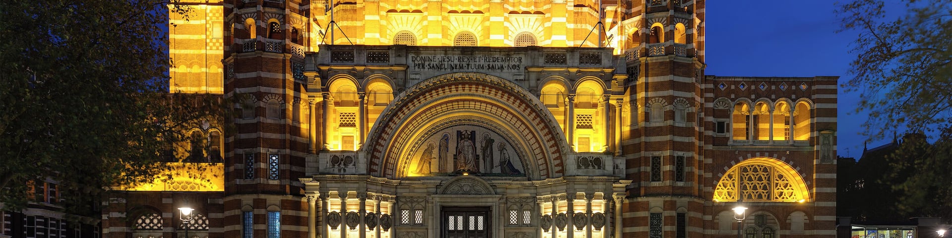 Westminster Cathedral as dusk, perspective correctived for verticals. (Not to be confused with Westminster Abbey)