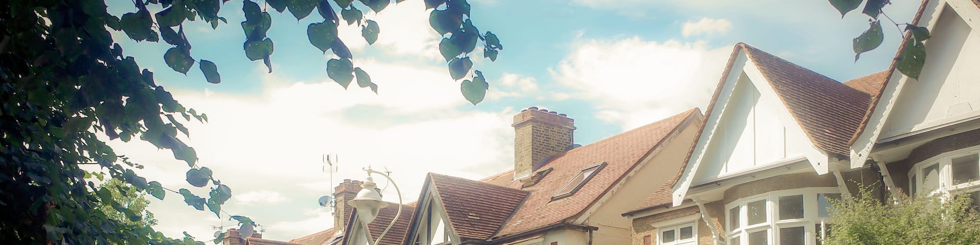A row of traditional houses with pitched roofs, a clear sky, and lush greenery.