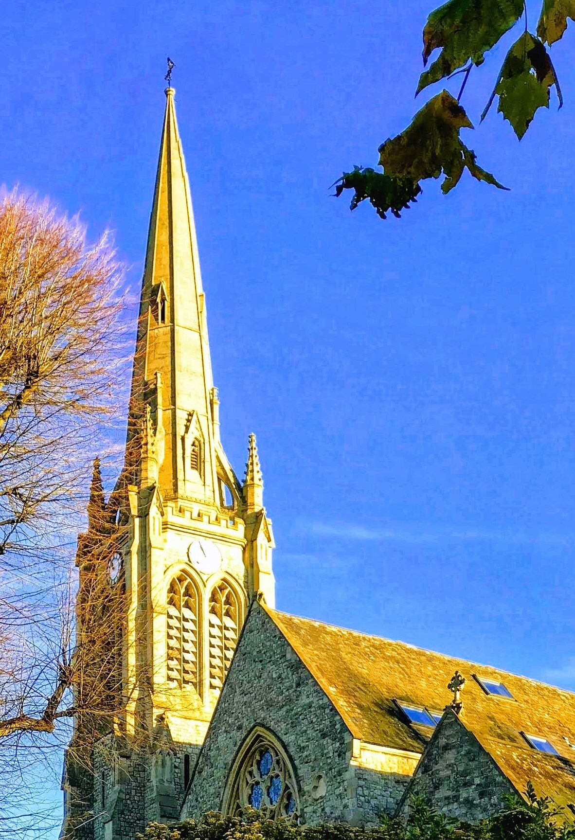 The steeple of the stone St Stephen's Church, Ealing.
