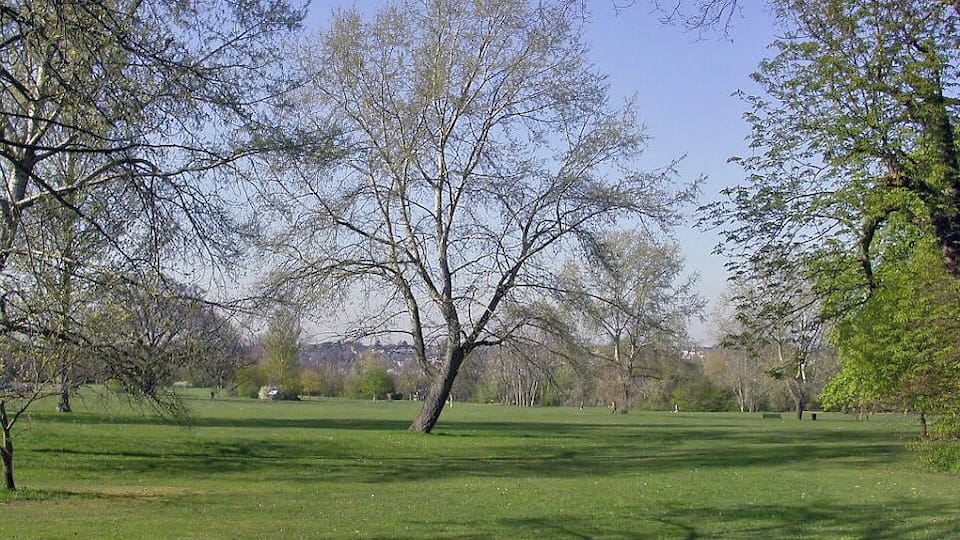 Spring on Cannon Hill Common. View northward to Wimbledon, from Cannon Hill Lane.