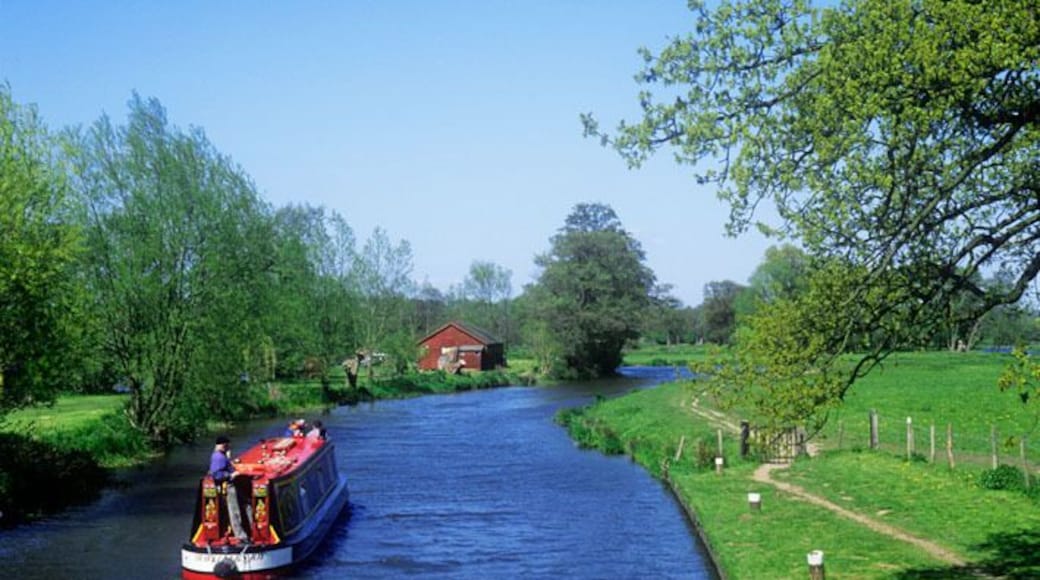 Narrowboat cruising on the River Wey Navigation downstream from Papercourt Lock Surrey England UK