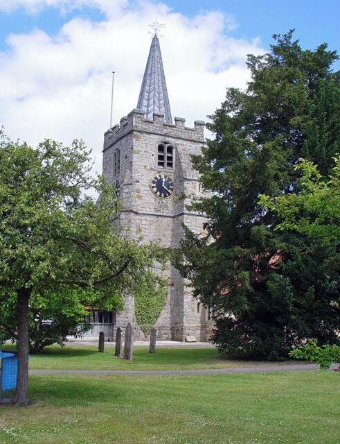 West tower and spire of St Lawrence' parish church, Chobham, Surrey, seen from the southwest