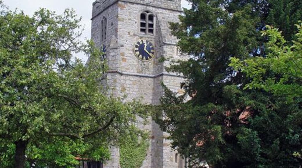 West tower and spire of St Lawrence' parish church, Chobham, Surrey, seen from the southwest
