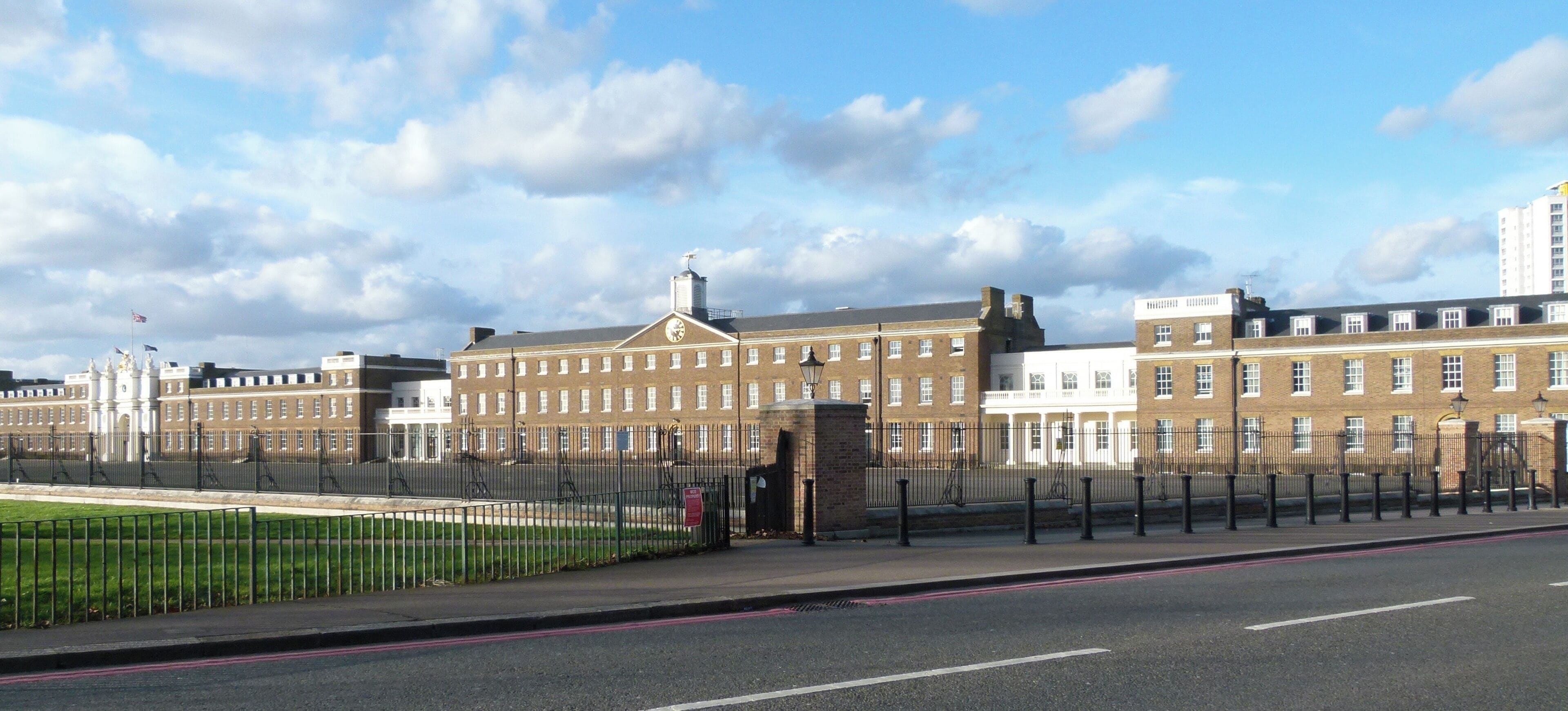 View from Grand Depot Road of the Royal Artillery Barracks in Woolwich, southeast London, UK.
