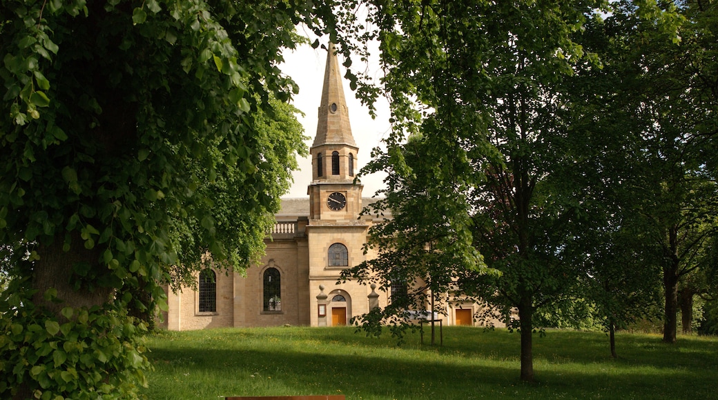 Melrose church and bench on quiet Sunday