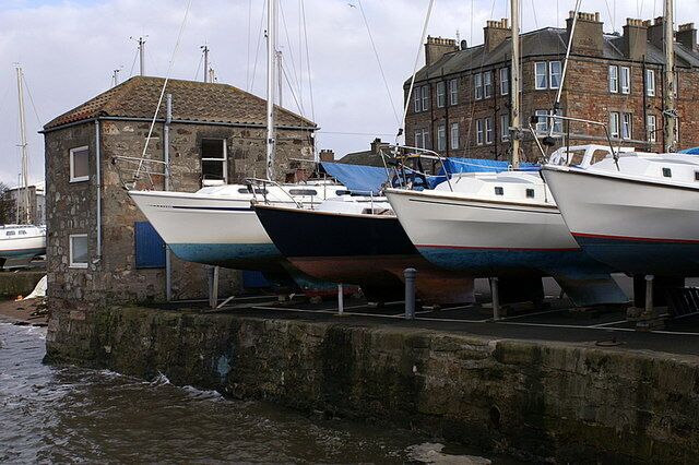 Fisherrow Harbour, Musselburgh Yachts brought ashore for winter alongside the harbourmaster's office.